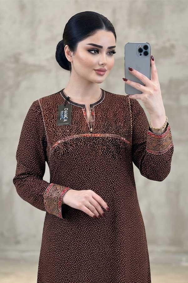 Kahverengi İnce Nakış Günlük Elbise