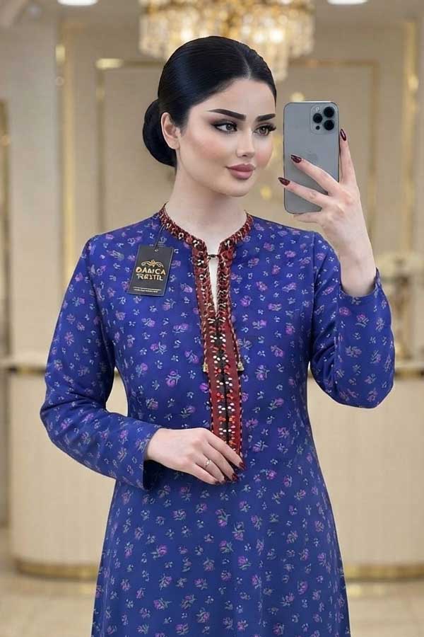 Lacivert Desenli El Keşte İşlemesi Elbise